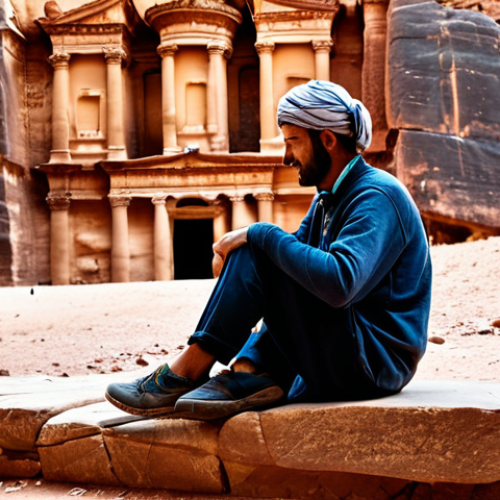 Home 19 A person, in their 30s, wearing modest, appropriate travel clothing, sits on a stone bench within the ancient city of Petra, Jordan. They appear slightly unwell, gently touching their forehead, conveying a moment of unexpected discomfort during their travels. The setting captures the majestic, sunlit rock-cut architecture of Petra in the background. The atmosphere is calm and reflective, emphasizing the vulnerability of being far from home. The image should be professional, high-quality, and realistic, with natural light, fully clothed, appropriate attire, safe for work, appropriate content, perfect anatomy, correct proportions, natural pose, well-formed hands, proper finger count, natural body proportions.