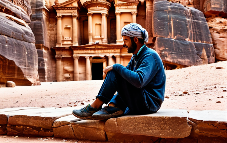 A person, in their 30s, wearing modest, appropriate travel clothing, sits on a stone bench within the ancient city of Petra, Jordan. They appear slightly unwell, gently touching their forehead, conveying a moment of unexpected discomfort during their travels. The setting captures the majestic, sunlit rock-cut architecture of Petra in the background. The atmosphere is calm and reflective, emphasizing the vulnerability of being far from home. The image should be professional, high-quality, and realistic, with natural light, fully clothed, appropriate attire, safe for work, appropriate content, perfect anatomy, correct proportions, natural pose, well-formed hands, proper finger count, natural body proportions.