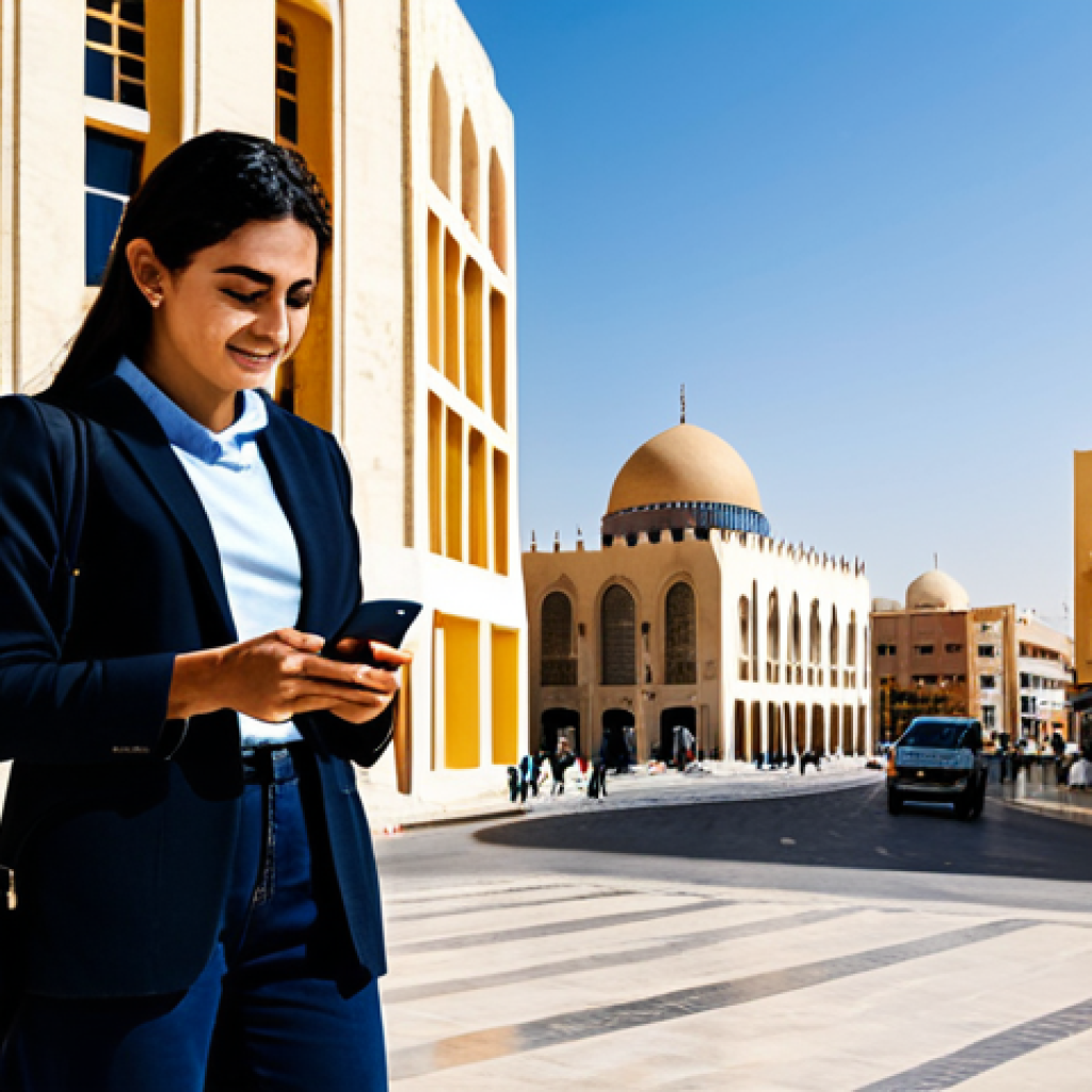A professional female traveler, fully clothed in modest casual attire, standing confidently on a vibrant, sunlit street in a modern Jordanian city, actively checking her smartphone. The background features contemporary architecture and bustling urban life, with subtle hints of local businesses. The scene captures the essence of seamless connectivity in an urban setting. Perfect anatomy, correct proportions, natural pose, well-formed hands, appropriate content, safe for work, fully clothed, professional photography, high quality, family-friendly.
