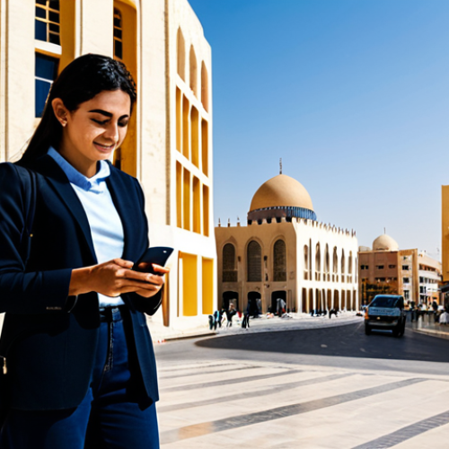 Home 18 A professional female traveler, fully clothed in modest casual attire, standing confidently on a vibrant, sunlit street in a modern Jordanian city, actively checking her smartphone. The background features contemporary architecture and bustling urban life, with subtle hints of local businesses. The scene captures the essence of seamless connectivity in an urban setting. Perfect anatomy, correct proportions, natural pose, well-formed hands, appropriate content, safe for work, fully clothed, professional photography, high quality, family-friendly.