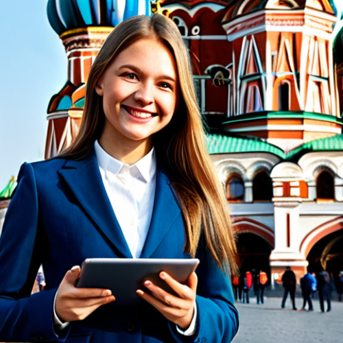 Home 8 **
"A confident young woman in a professional business suit, fully clothed, standing in front of the iconic Saint Basil's Cathedral in Moscow, Russia. She is holding a tablet and smiling slightly. The scene is brightly lit, professional photography, perfect anatomy, correct proportions, safe for work, appropriate content, family-friendly."
**