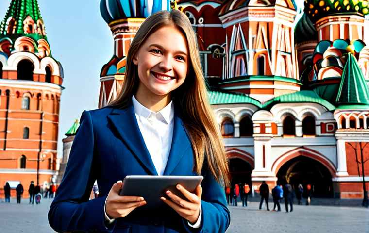 **

"A confident young woman in a professional business suit, fully clothed, standing in front of the iconic Saint Basil's Cathedral in Moscow, Russia.  She is holding a tablet and smiling slightly. The scene is brightly lit, professional photography, perfect anatomy, correct proportions, safe for work, appropriate content, family-friendly."

**
