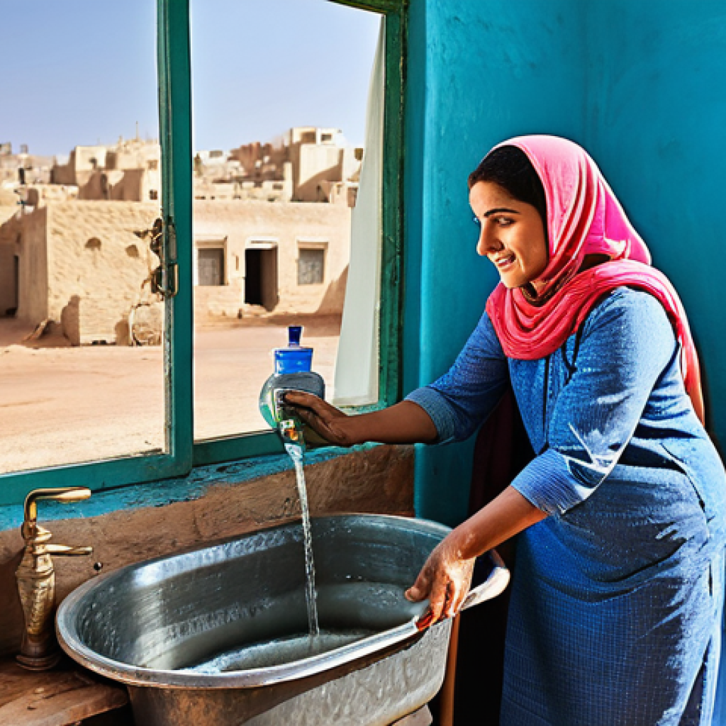 요르단에서의 물 사용법 - A realistic photograph of a Jordanian mother, wearing modest everyday attire, gently teaching her yo...