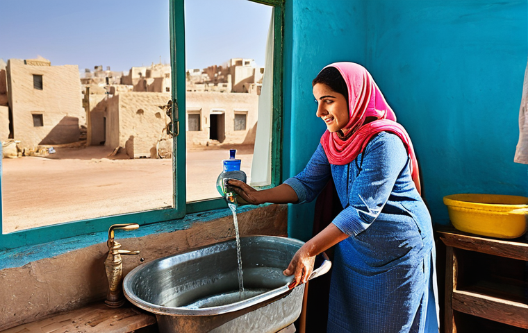 요르단에서의 물 사용법 - A realistic photograph of a Jordanian mother, wearing modest everyday attire, gently teaching her yo...