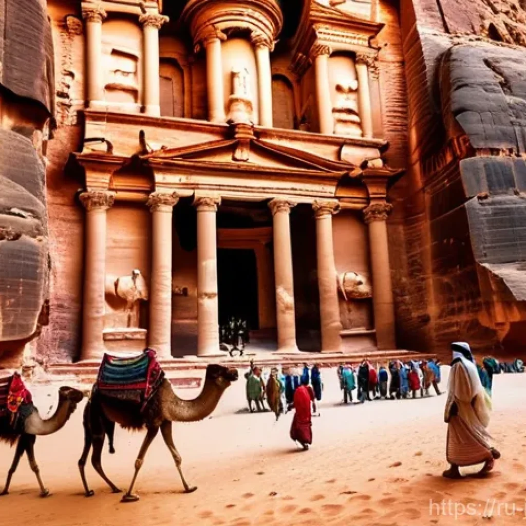 요르단 역사 속 주요 사건 - A breathtaking, detailed shot of the ancient city of Petra in Jordan. The majestic Al-Khazneh (Treas...