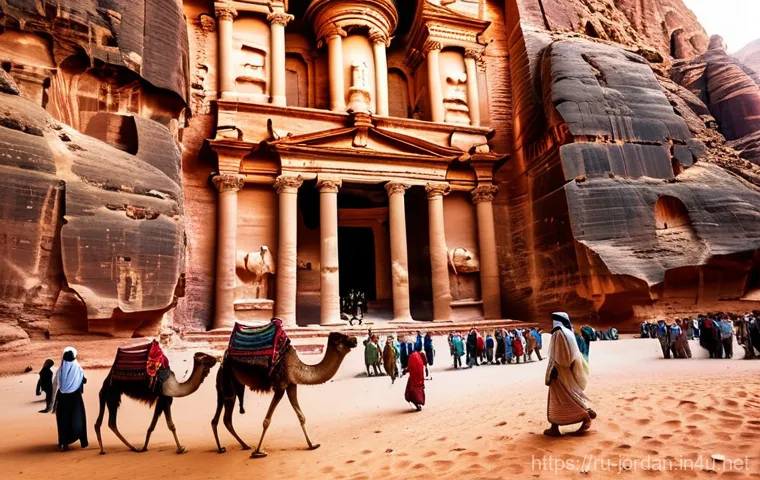 요르단 역사 속 주요 사건 - A breathtaking, detailed shot of the ancient city of Petra in Jordan. The majestic Al-Khazneh (Treas...
