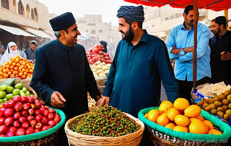 요르단 내 전통 시장 탐방 - **Amman's Vibrant Souk el-Khodra Morning:** A dynamic and colorful scene depicting Amman's Souk el-K...