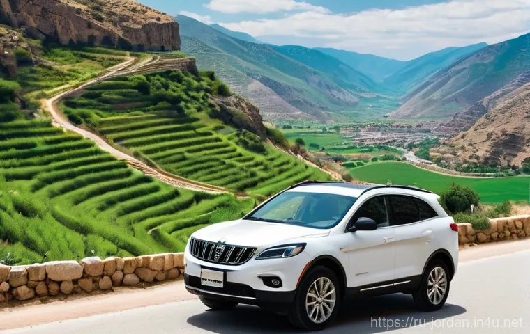 요르단의 주요 도로와 운전 규칙 - **Prompt:** A modern, clean sedan or crossover drives along the vast, well-maintained Desert Highway...
