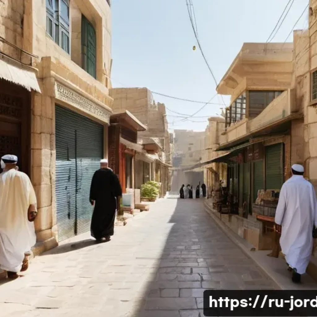 요르단에서 라마단 기간 행동 규칙 - **Prompt:** A serene, wide-angle shot of a quiet, ancient street in Amman, Jordan, during the late m...