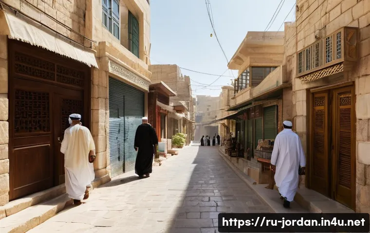 요르단에서 라마단 기간 행동 규칙 - **Prompt:** A serene, wide-angle shot of a quiet, ancient street in Amman, Jordan, during the late m...