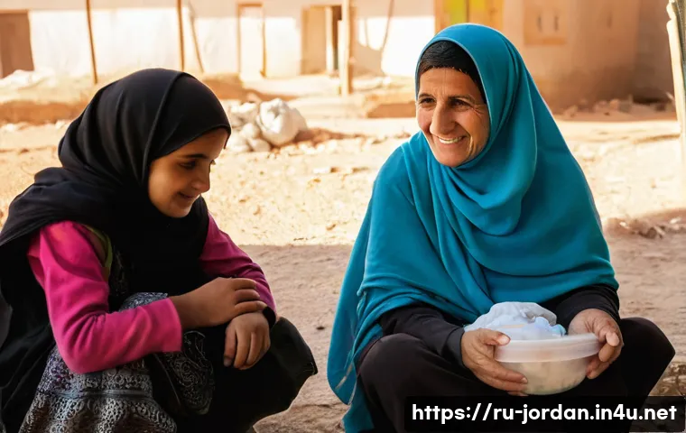 요르단과 팔레스타인 문제 - **Prompt:** A serene and hopeful image of a Palestinian refugee family, consisting of a mother or gr...