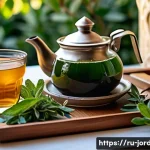 Home 21 요르단에서 카페인 없이 즐길 수 있는 음료 - A cozy Jordanian tea setting featuring a traditional ceramic teapot and small glass cups filled with...