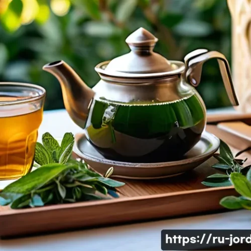 Home 33 요르단에서 카페인 없이 즐길 수 있는 음료 - A cozy Jordanian tea setting featuring a traditional ceramic teapot and small glass cups filled with...