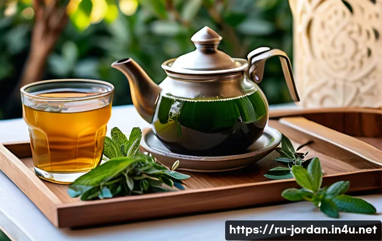 요르단에서 카페인 없이 즐길 수 있는 음료 - A cozy Jordanian tea setting featuring a traditional ceramic teapot and small glass cups filled with...