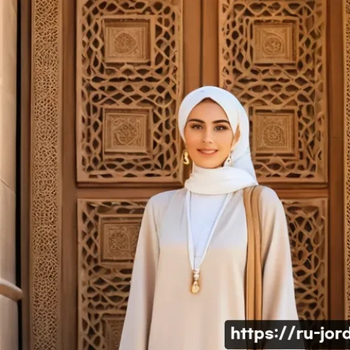 Home 32 요르단 여성 여행자 주의사항 - A modestly dressed Jordanian woman in a flowing, lightweight beige abaya with a soft pastel-colored ...