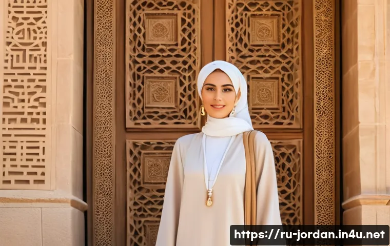 요르단 여성 여행자 주의사항 - A modestly dressed Jordanian woman in a flowing, lightweight beige abaya with a soft pastel-colored ...