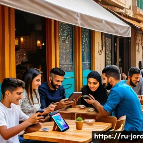 Home 31 요르단 젊은 세대의 문화 - A vibrant street café scene in Amman, Jordan, featuring young people of diverse backgrounds sitting ...