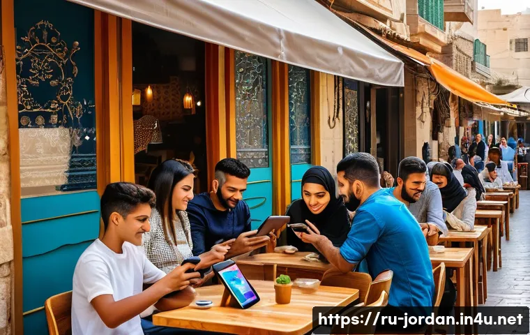 요르단 젊은 세대의 문화 - A vibrant street café scene in Amman, Jordan, featuring young people of diverse backgrounds sitting ...