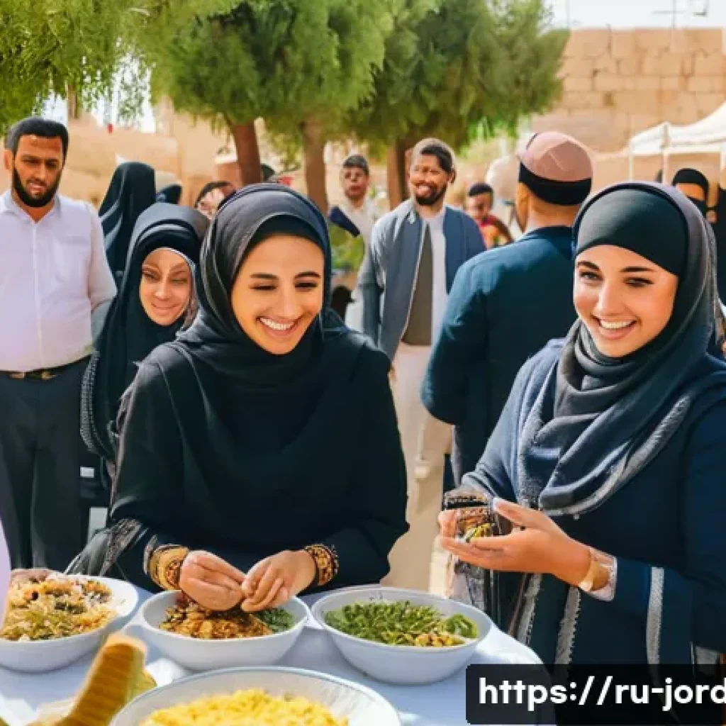 요르단에서의 무슬림과 비무슬림 상호작용 - A warm and lively community event in a small Jordanian town showing Muslim and non-Muslim entreprene...