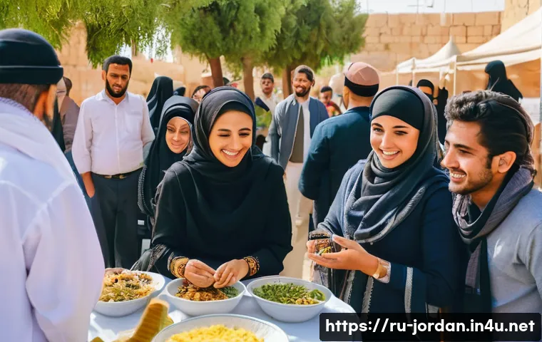 요르단에서의 무슬림과 비무슬림 상호작용 - A warm and lively community event in a small Jordanian town showing Muslim and non-Muslim entreprene...