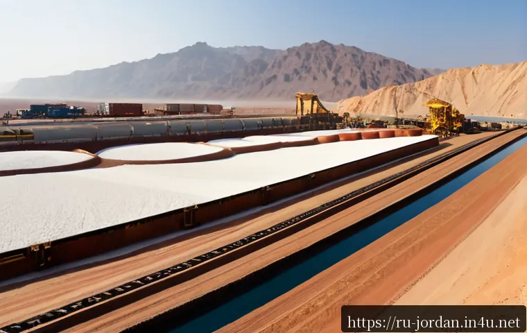 Home 17 요르단의 주요 수출 품목 - Photorealistic wide view of Jordanian potash export operations at a Red Sea cargo port, large golden...