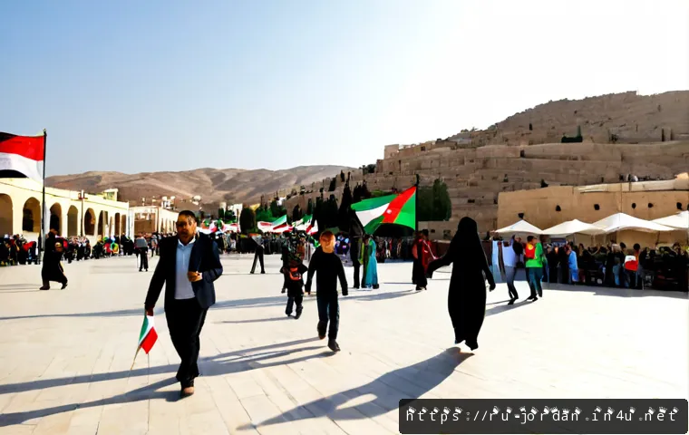 요르단 공휴일과 축제 - Photorealistic wide-angle view of a joyful Jordanian public holiday gathering in Amman at golden hou...