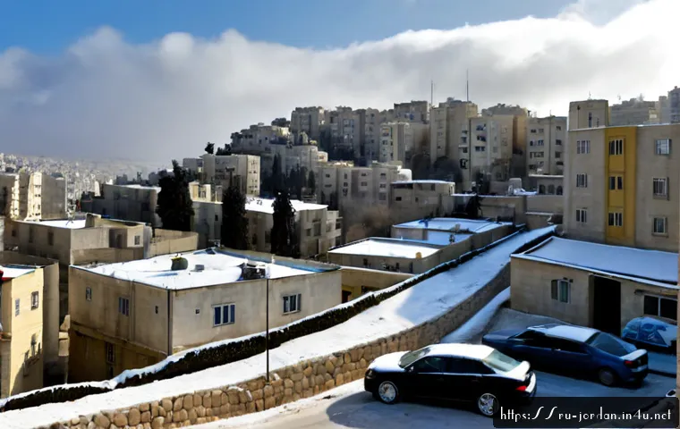 요르단의 겨울철 날씨 - Photorealistic winter morning in Amman, Jordan, viewed from a quiet hillside street: pale limestone ...